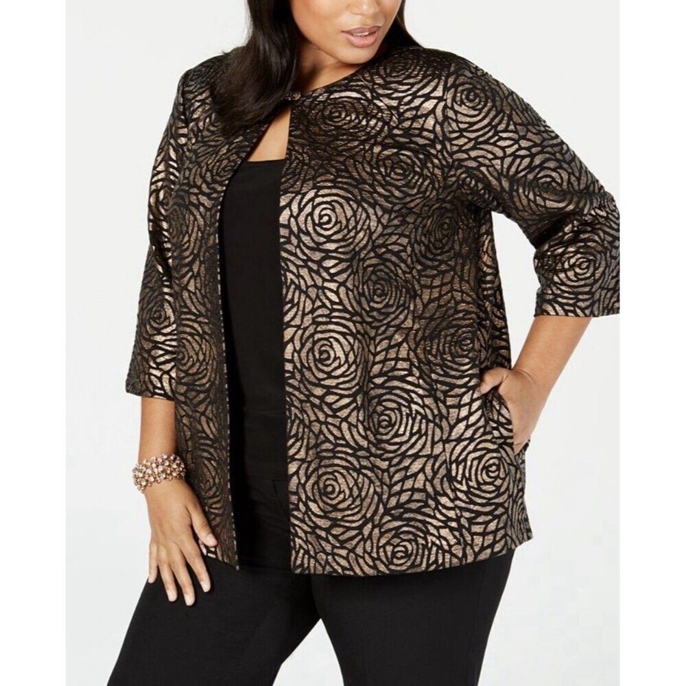 ALEX EVENINGS Black Gold Metallic Floral Jacket 2X Top Closure 3/4 Formal Party